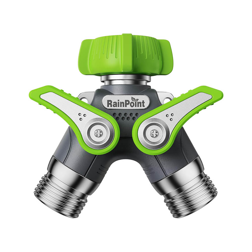 Dual garden hose splitter with green knobs and metal connectors.