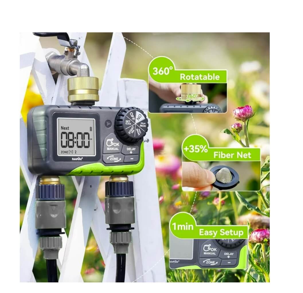 RainPoint Dual Zone Hose Sprinkler Timer, Brass Connector Irrigation Controller