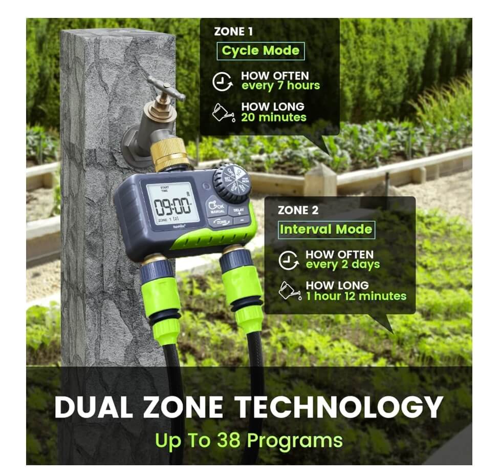 RainPoint Dual Zone Hose Sprinkler Timer, Brass Connector Irrigation Controller