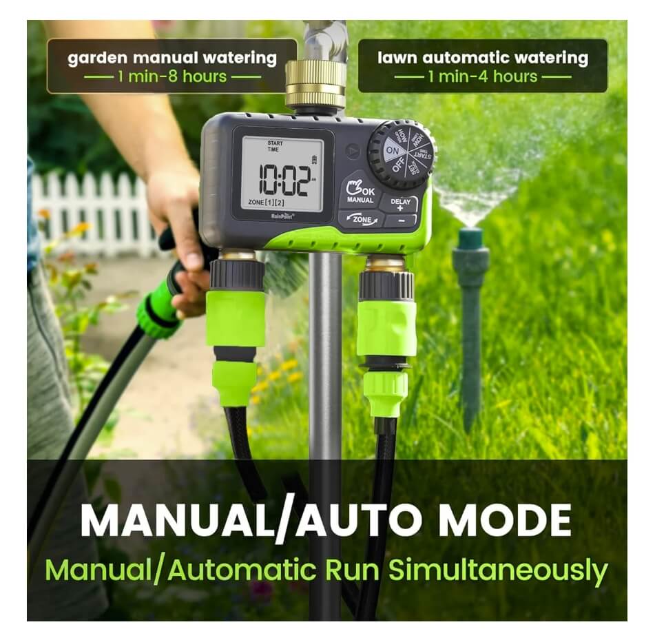 RainPoint Dual Zone Hose Sprinkler Timer, Brass Connector Irrigation Controller