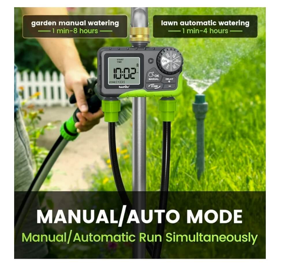 RainPoint Outdoor Sprinkler Timer with Dual Zones (Green, Brass Inlet)