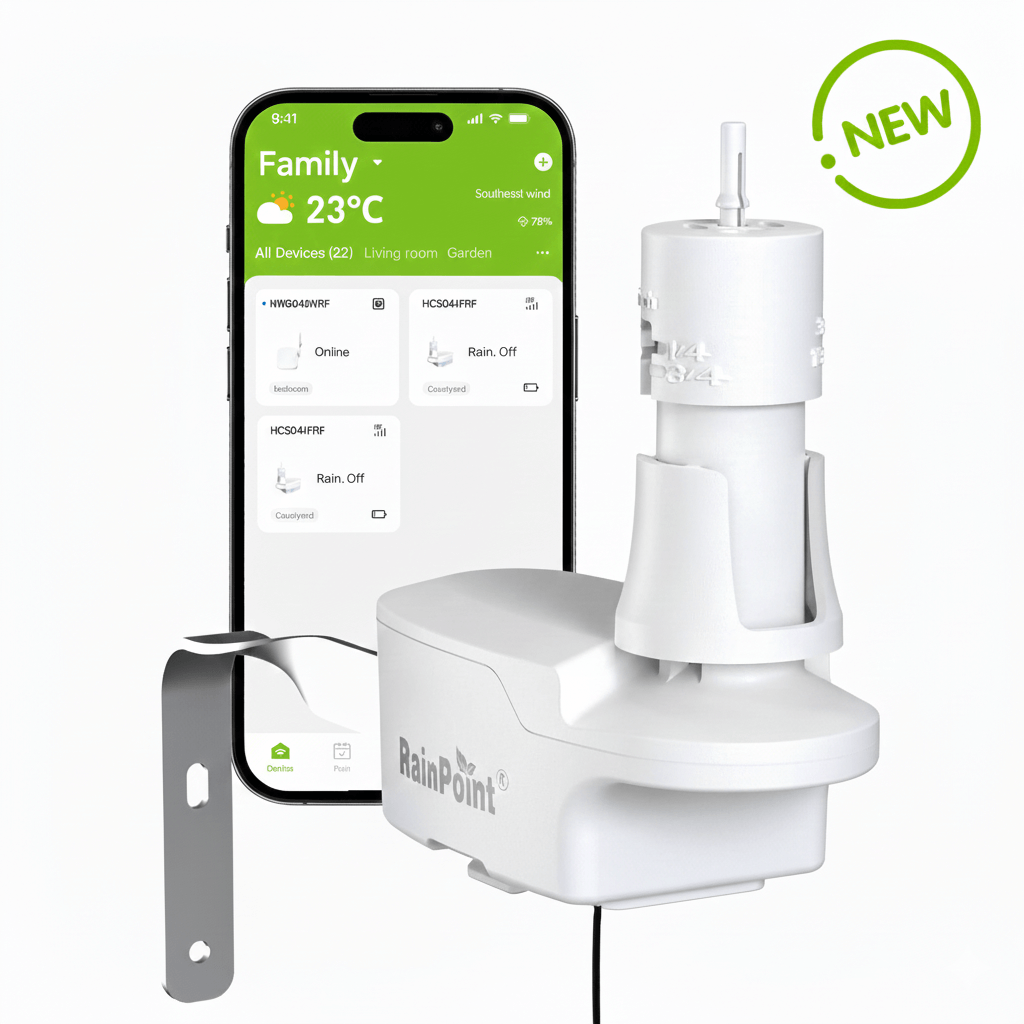 Smart weather sensor connected to a mobile app displaying temperature.