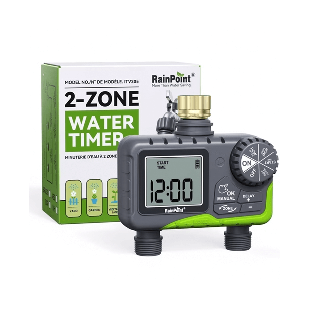 RainPoint Outdoor Sprinkler Timer with Dual Zones (Green, Brass Inlet)