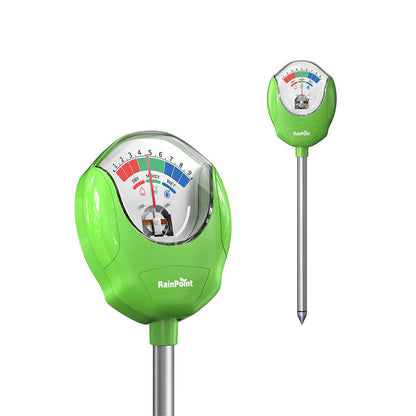 Green moisture meter for plants with gauge indicator.