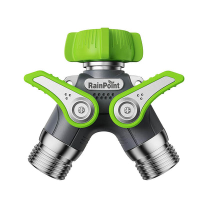 Dual garden hose splitter with green knobs and metal connectors.