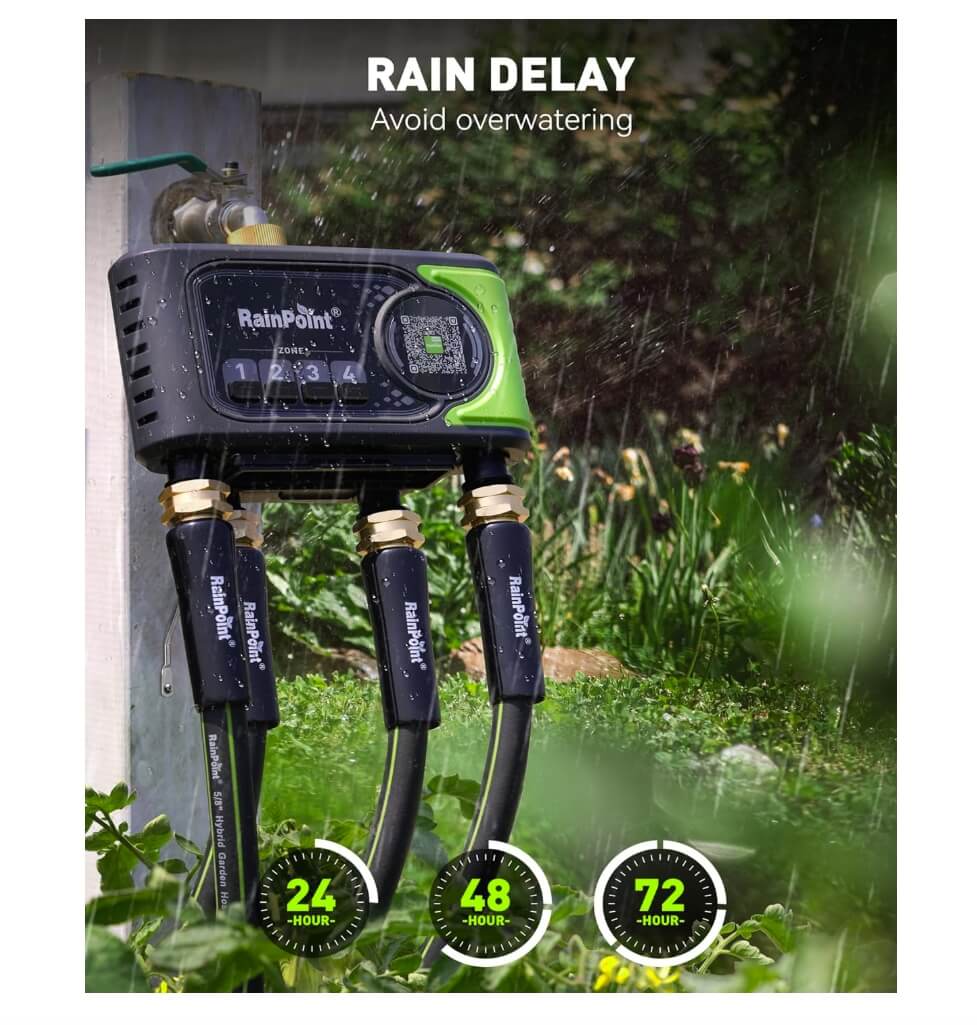 RAINPOINT with Brass Inlet 4-Zone WiFi Sprinkler Timer