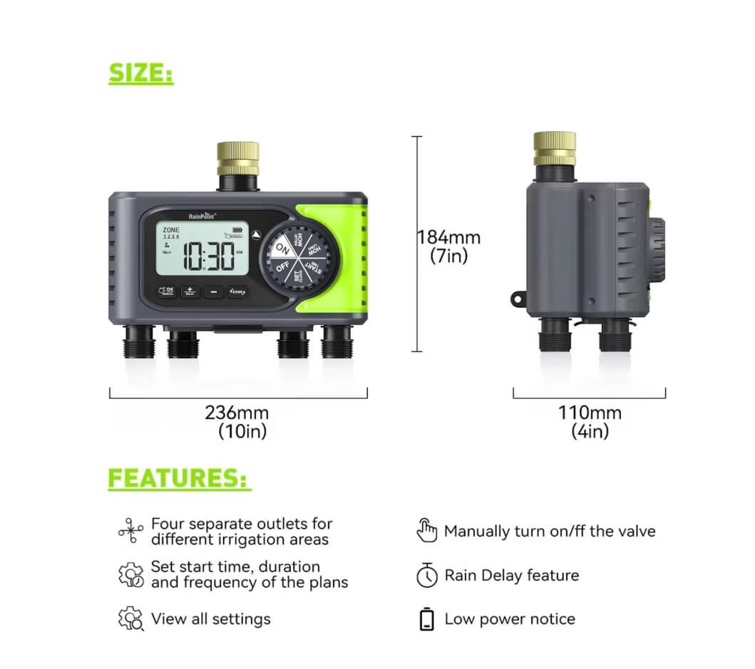 RainPoint brass inlet 4-zone water timer irrigation controller