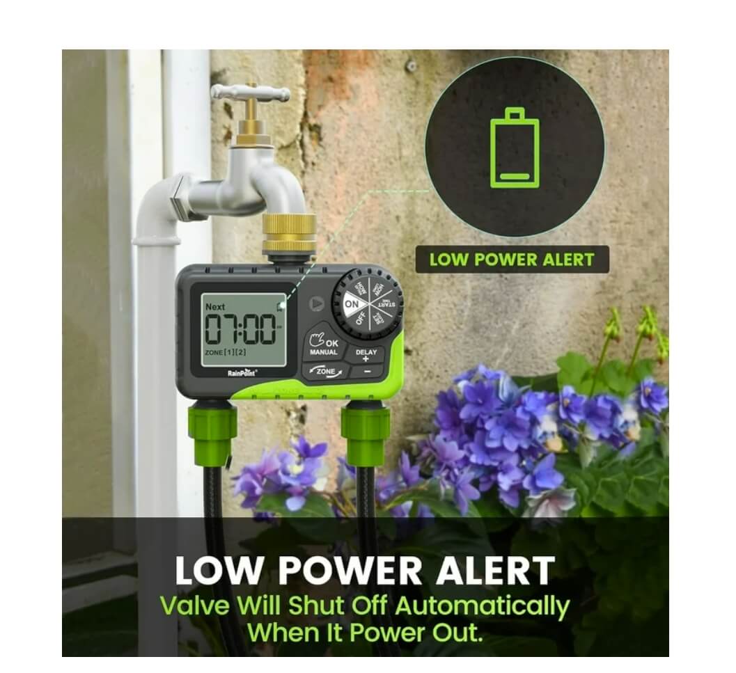 RainPoint Outdoor Sprinkler Timer with Dual Zones (Green, Brass Inlet)