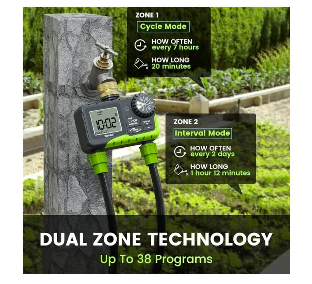 RainPoint Outdoor Sprinkler Timer with Dual Zones (Green, Brass Inlet)