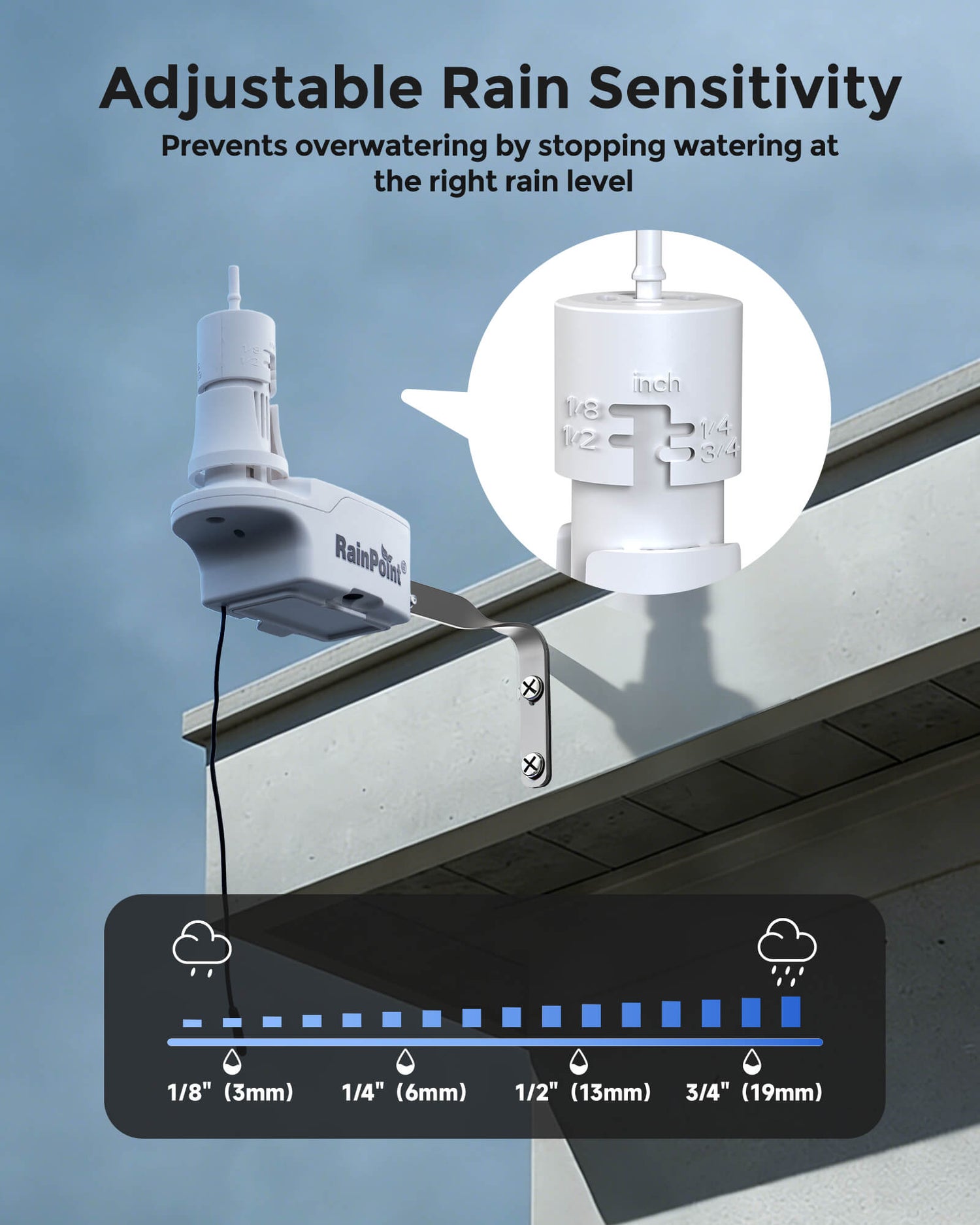 Adjustable rain sensor preventing overwatering by detecting rain levels accurately.