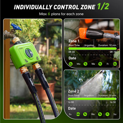 Irrigation control system with settings for multiple zones and timers.