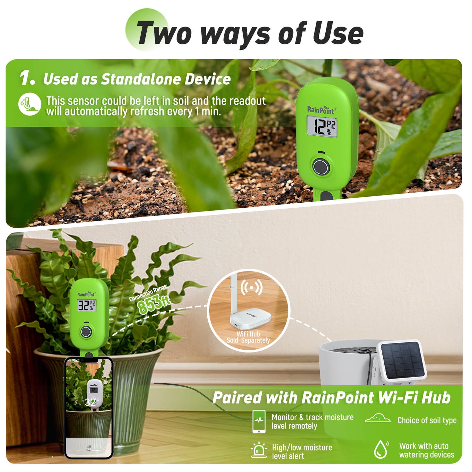 RainPoint  Upgrade Smart Digital Wireless Plant Moisture Meter Houseplant Indoor