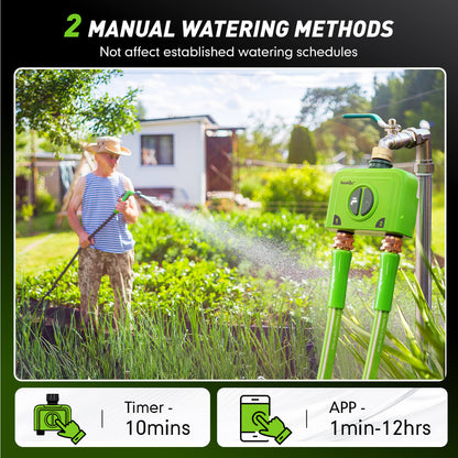 Manual watering methods with timer and app options for irrigation.