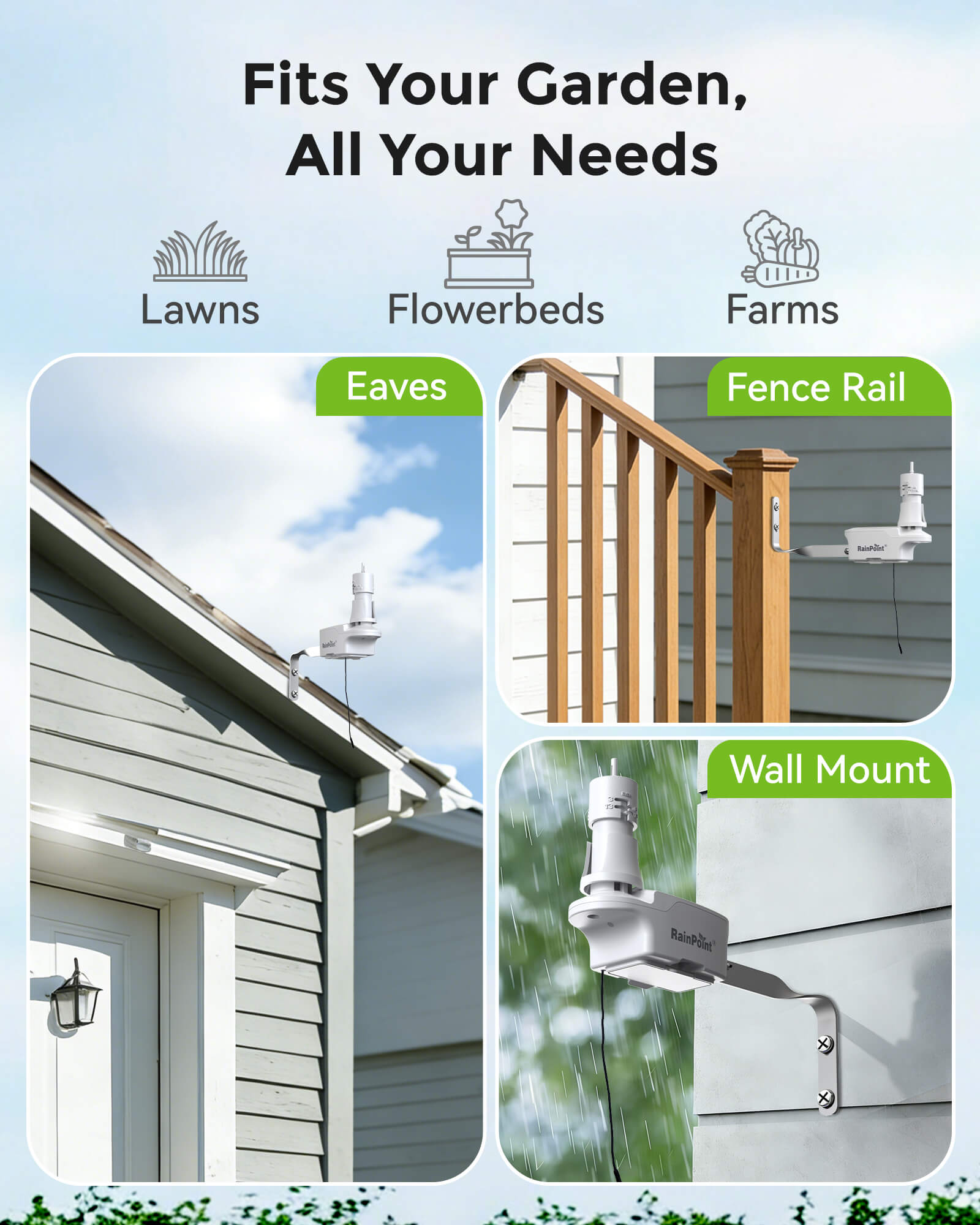 Various garden mounting options for eaves, fence rail, and wall mount.