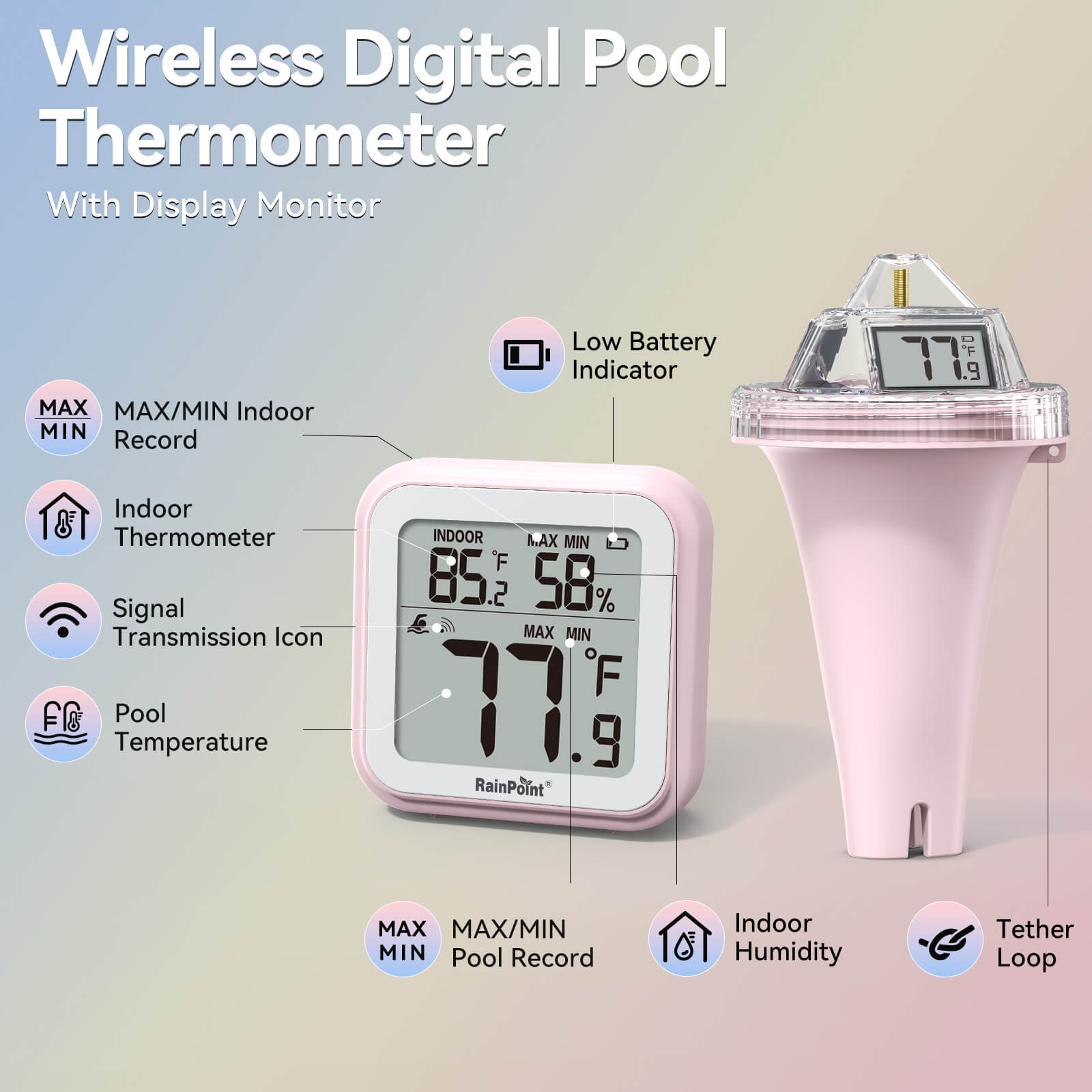 RAINPOINT Displays Wireless Digital Pool Thermometer -Pink