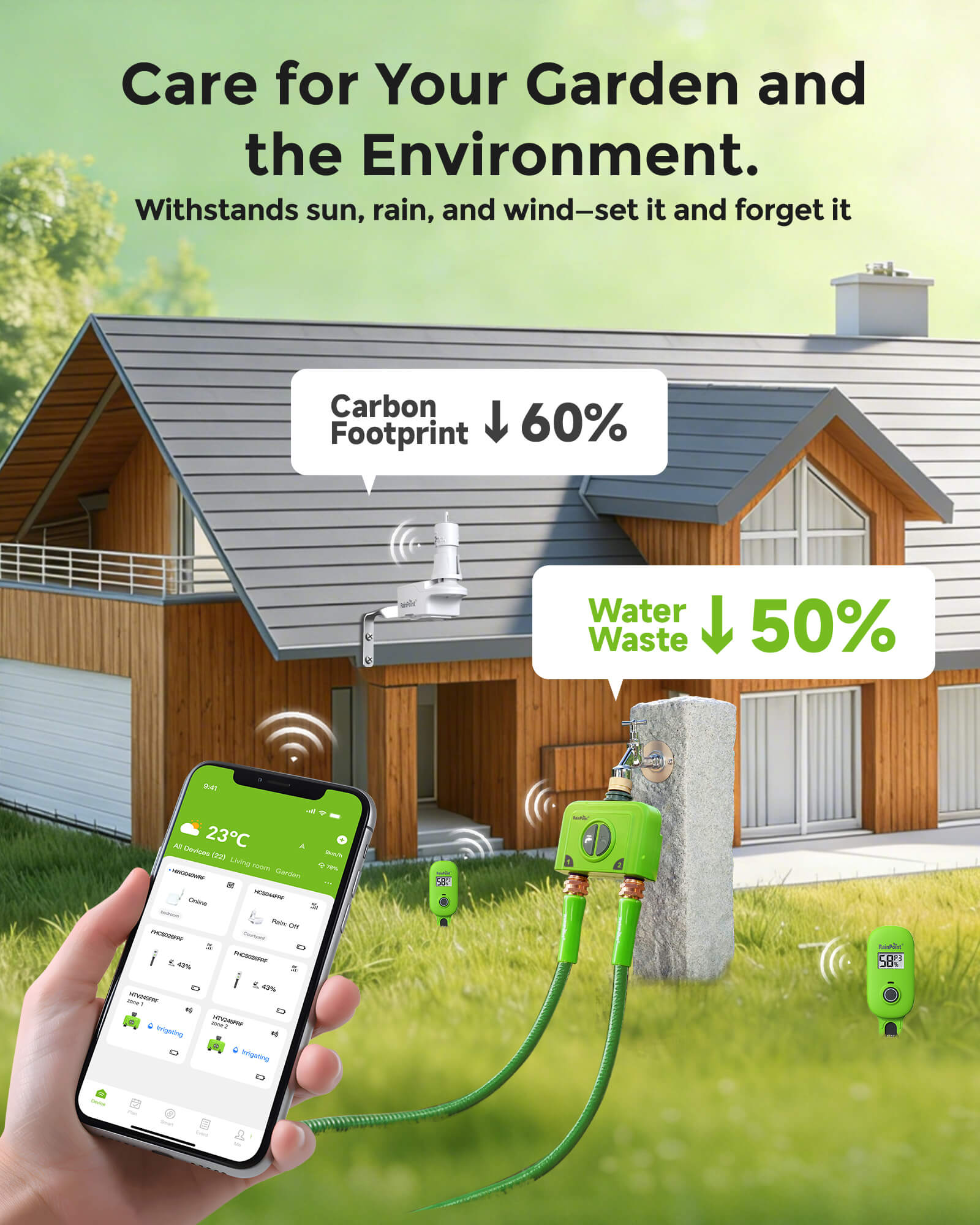 Smart gardening device reducing carbon footprint and water waste.
