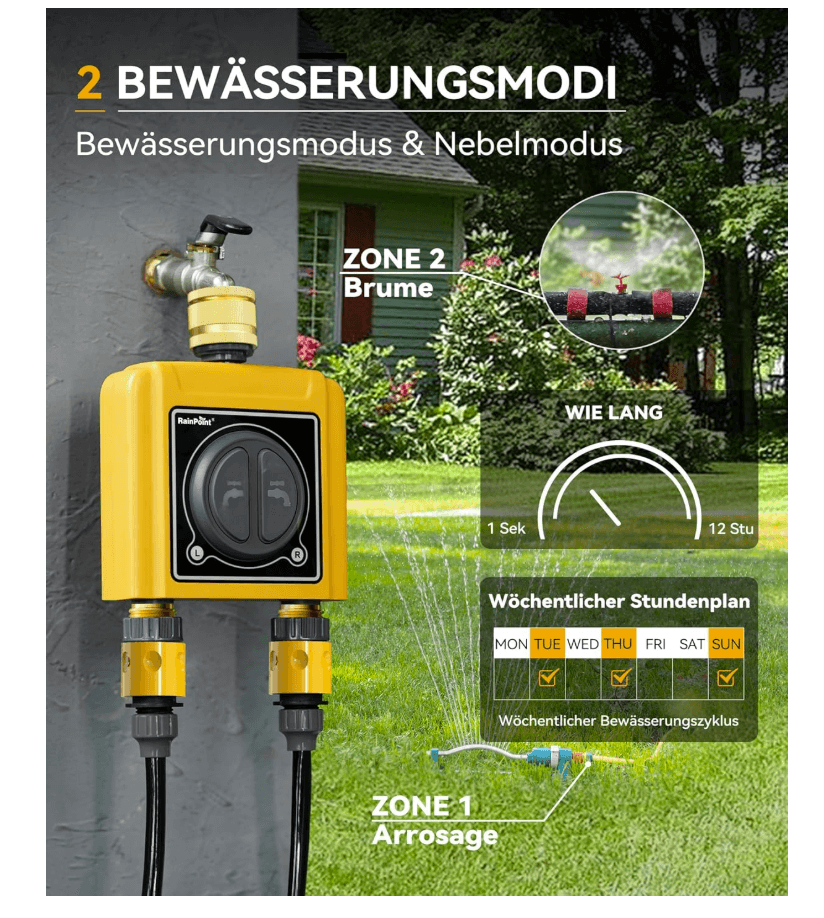 RAINPOINT Bewässerungscomputer WLAN 2 Ausgänge mit Messing-Ein- und -Auslass, (Nur Zeitschaltuhr)