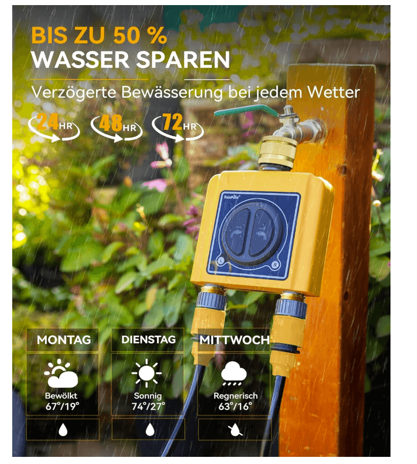 RAINPOINT Bewässerungscomputer WLAN 2 Ausgänge mit Messing-Ein- und -Auslass, (Nur Zeitschaltuhr)