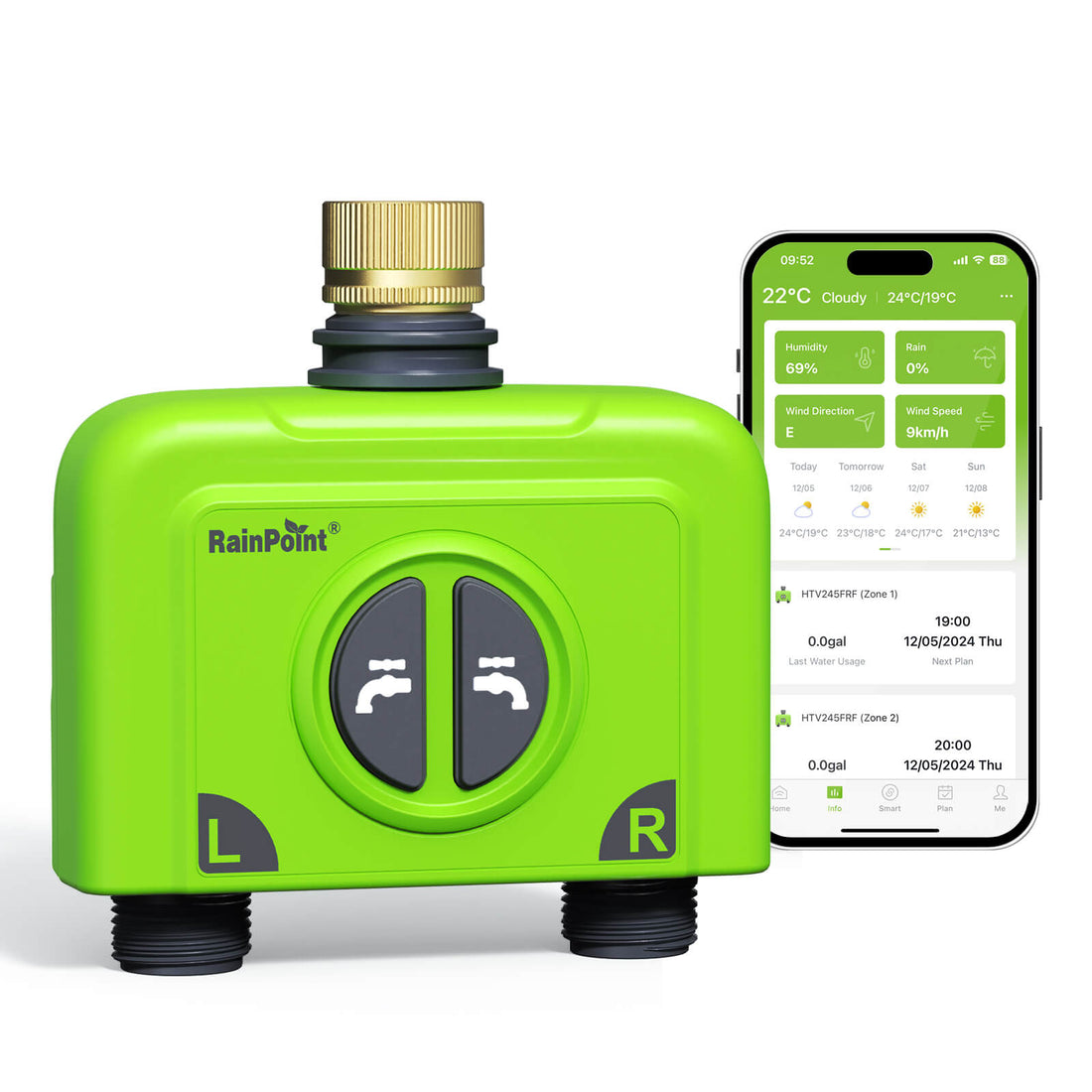 RainPoint 2-Zone WiFi Hose Timer Sprinkler Controller, Brass Inlet (No Gateway)
